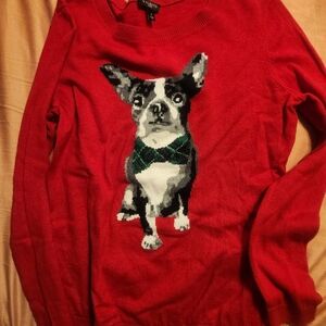 Talbots petites red dog with green plaid bow sweater knit Top